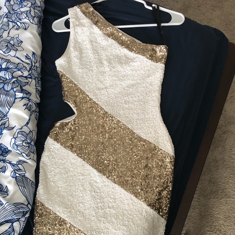 One shoulder gold and white sequin dress